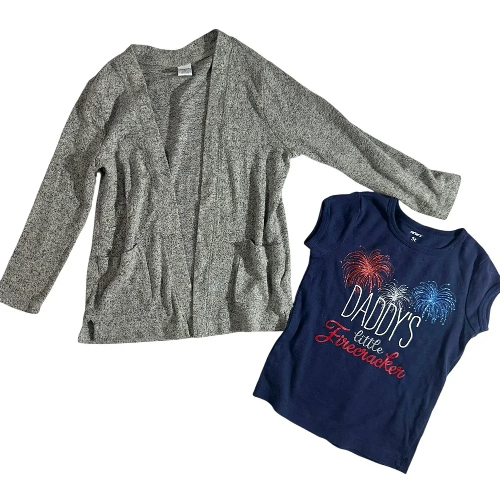 EUC Red and Blue Nautical Dress with Gray Cardigan and Graphic Tee 3t